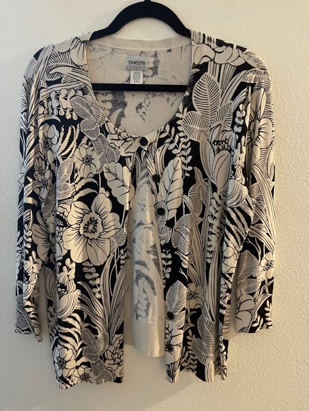 Chico's Black and Cream Floral Button-Front Cardigan